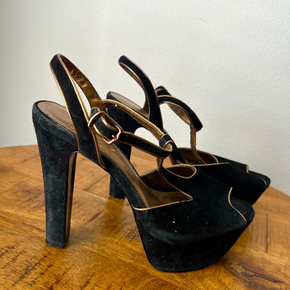 Black and Gold Suede Heels
